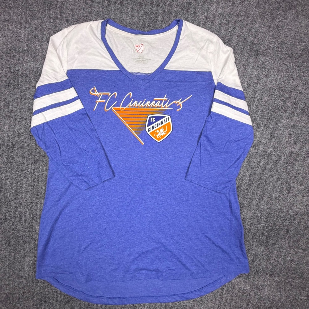 MLS FC Cincinnati Womens Blue White 3/4 Sleeve V-Neck Graphic T-Shirt Large NWOT